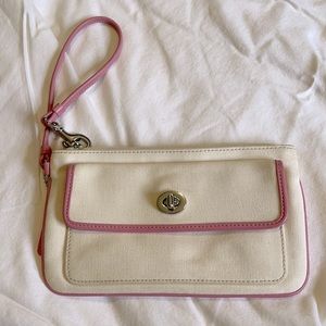 Coach white canvas pink leather trim wristlet